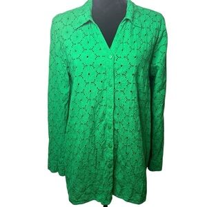 Nicole Miller | Vibrant Green Eyelet Button-Down Shirt | 100% Cotton | Sz M